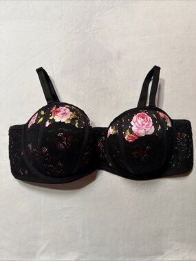 torrid Black Lace Balconette Bra with Pink Rose Print